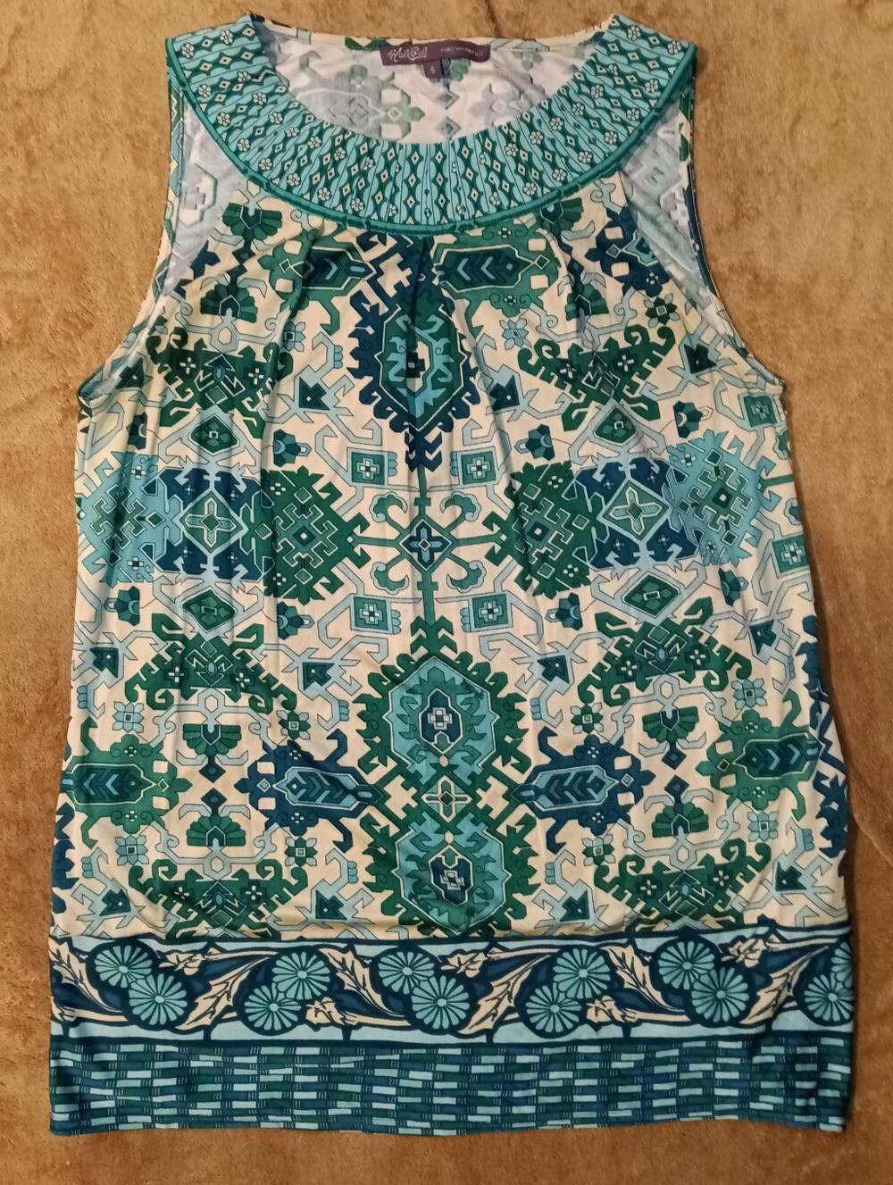 Hale Bob Sleeveless Printed TankTop-Teal Green & White Sz S